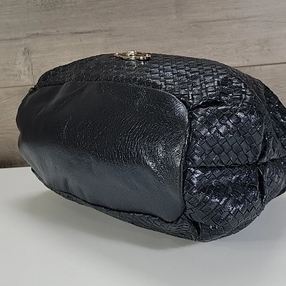 Elliott Lucca Black Woven Leather Satchel Handbag